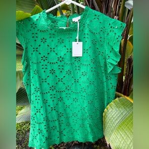 Green Ruffled Flutter Sleeve Blouse